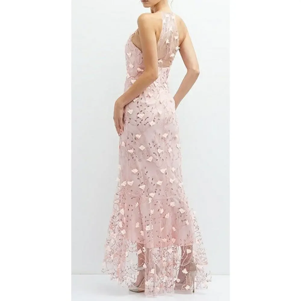 NWT Dessy SHEER HALTER NECK 3D FLORAL EMBROIDERED DRESS HIGH-LOW HEM Pink SZ 12 - Picture 2 of 12